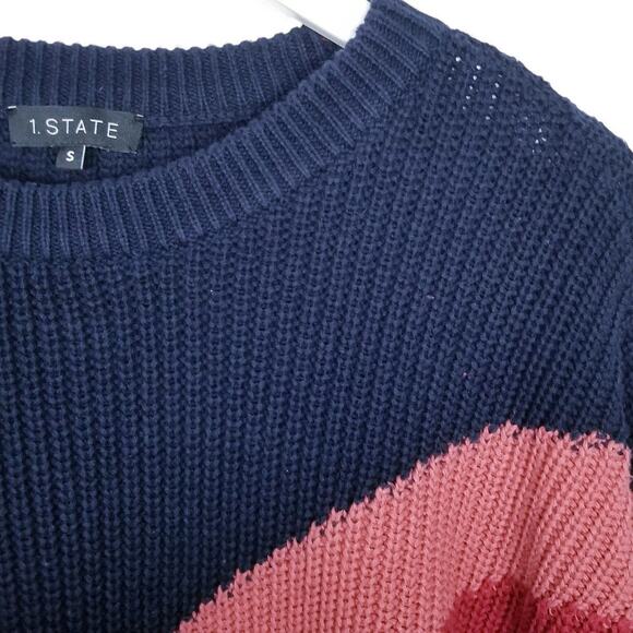 1.STATE Chevron Crewneck Sweater Berry Pink Navy 100% Cotton - Small - Picture 6 of 12